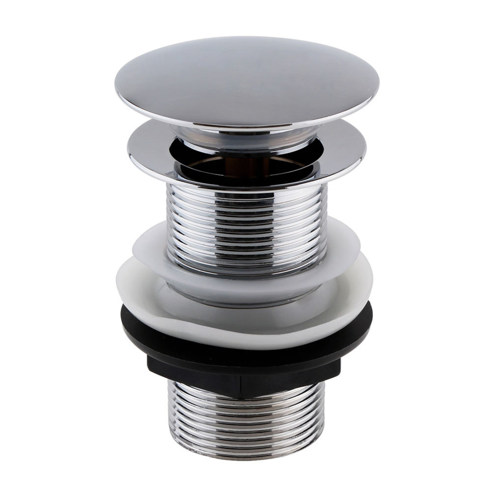 ENKI, W02, Chrome, Unslotted, Standard 1.1/4" Connection Pop Up Basin Waste Sink Plug, Push Button Click Clack, Allows Water to Drain Away, Durable Finish, Modern Bathroom Accessoires image